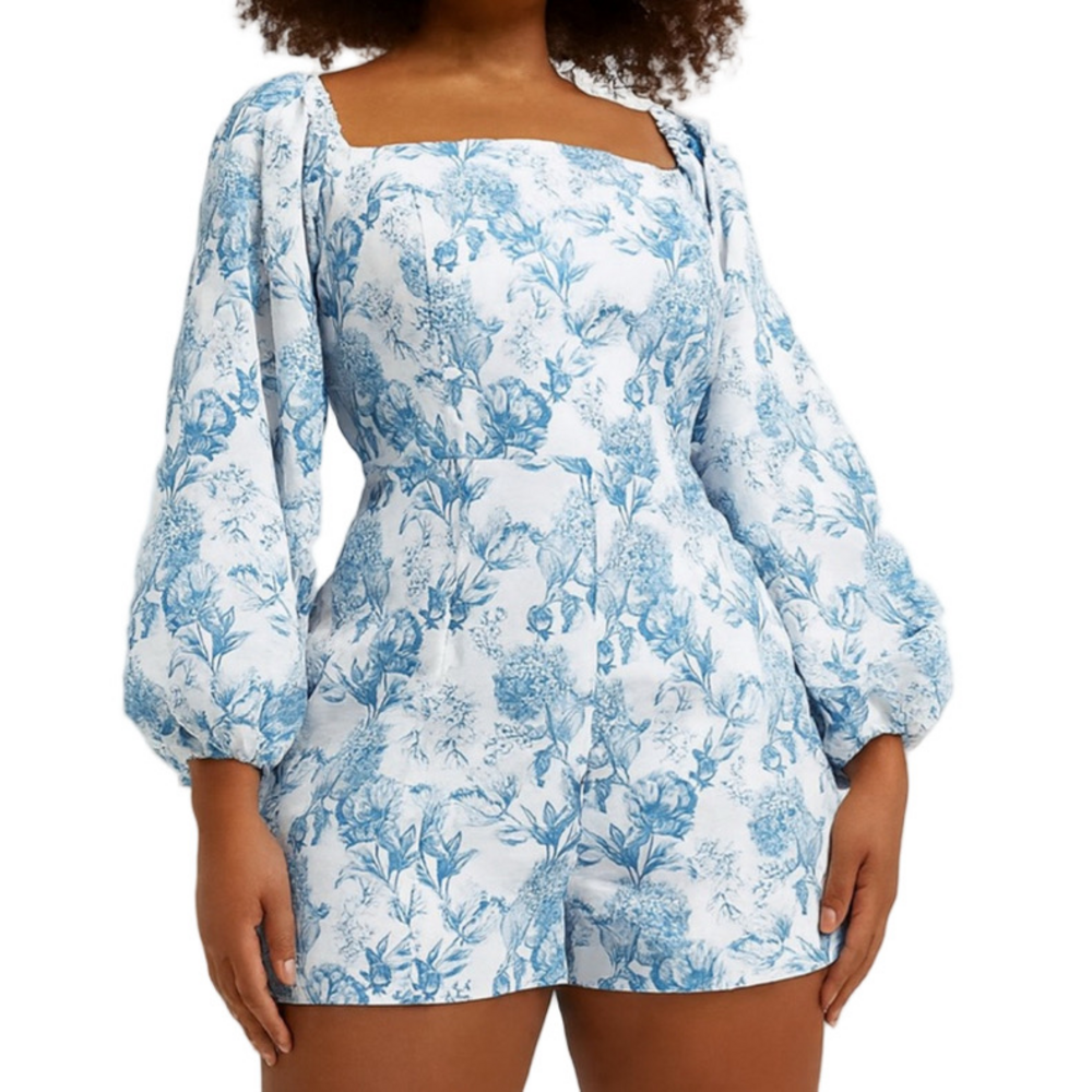 Blue Floral Romper Shorts Puff Sleeve Square Neckline River Island Plus Travel